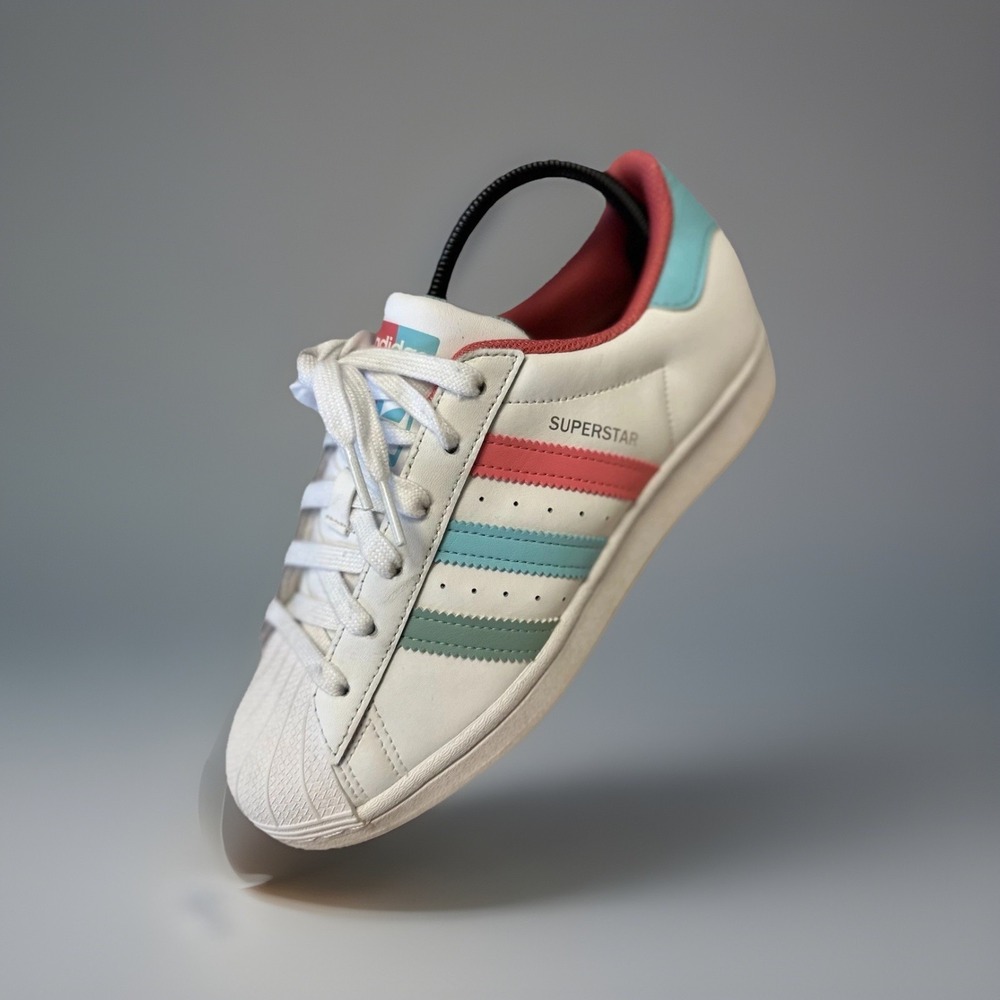 Adidas Superstar Sneakers White Pink Blue Stripes Youth 6.5 Womens 8‎ Shell Toe